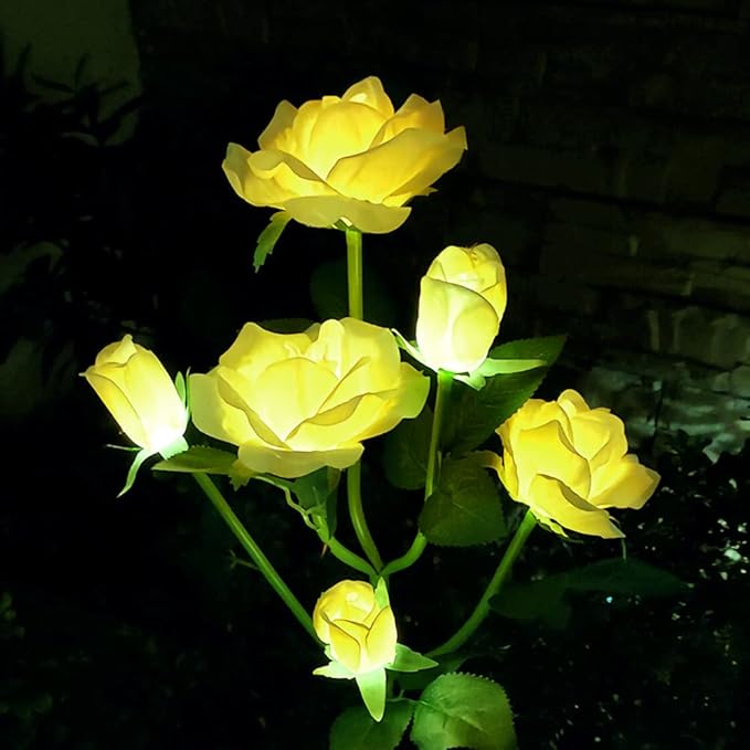 GONIMY Outdoor Realistic Solar Powered Rose Flower Lights Stake,2 Pack 10 Rose Solar Garden Decorative Waterproof Lights for Backyard Patio Pathway Xmas Decoration-Yellow