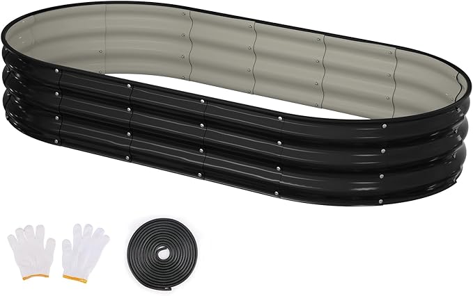 Raised Garden Bed, 6x3x1ft Galvanized Outdoor Planter Beds with Safety Edging and Gloves, Oval Metal Planter Box for Gardening Vegetables Flowers Herb-Black