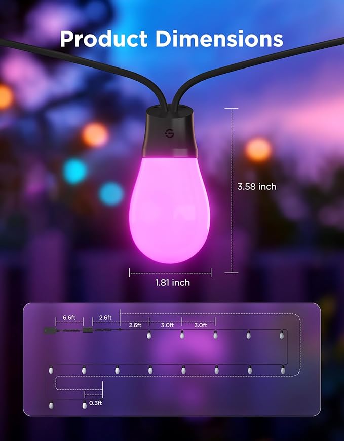 Govee S14 Bulb Outdoor String Lights 2, 48ft Smart RGBIC Warm White Patio Lights with 15 LED Bulbs, 111 Scene Modes for Outdoor Decor, Upgraded IP66 Compatible with Alexa, Google, Matter, APP Control