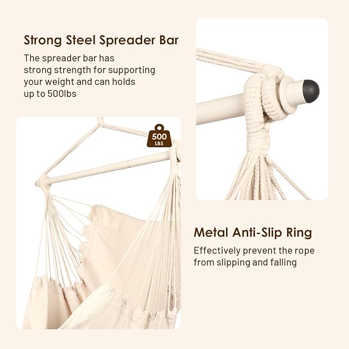 Highwild Hammock Chair Hanging Rope Swing - Max 500 Lbs - Steel Spreader Bar with Anti-Slip Rings - for Any Indoor or Outdoor Spaces (Beige)