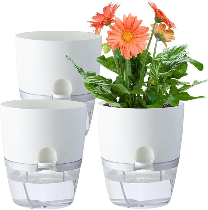 6 Inch Self Watering Plastic Plant Pots for Indoor Plants - 3 Pack White Orchid Planters with Wick Ropes & Drainage Holes, Modern Decorative Garden Pots with Water Reservoir