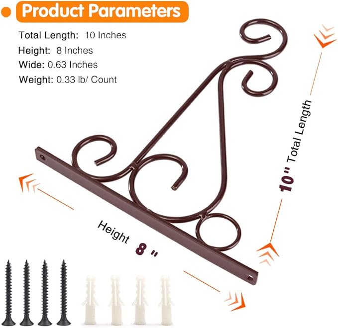 KABB Hanging Plant Bracket, 2 Pcs 10" Iron Decorative Wall Hanger Hooks for Hanging Plants Flower Baskets Bird Feeders Wind Chimes, Indoor Outdoor Rustic Home Decor, Coffee Color