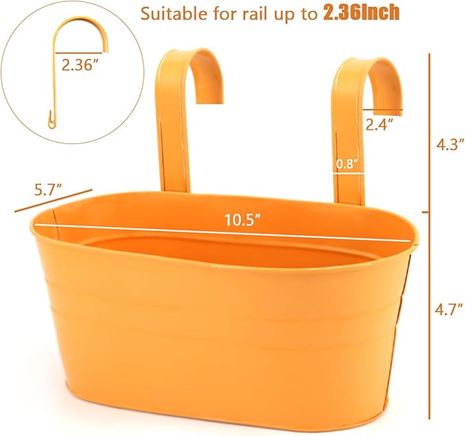 3 Pack Metal Railing Planters, 10.5" Oval Hanging Flower Pots with Detachable Hooks & Drainage Holes, Fits Rails up to 2.36", Galvanized Iron Fence Bucket for Balcony Garden Patio - Orange