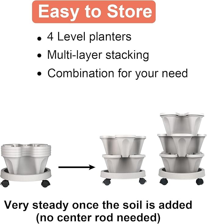 Vertical Planter 4 Tier Stackable Planters Garden Planters Strawberry Herb Flower and Vegetable Planter Indoor Outdoor Gardening Pots with Removable Wheels and Tools