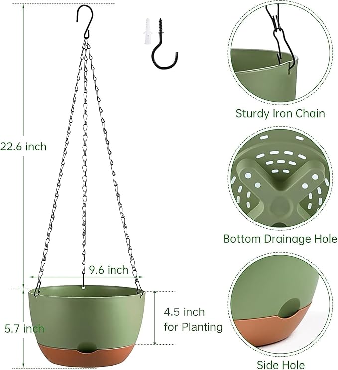 Hanging Planters for Indoor Plants, Set of 2 8/10 Inch Self-Watering Hanging Pots with Drainage Hole & Removable Water-Storage Tray II Screw-in Hooks