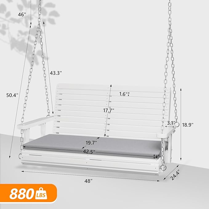 VINGLI Outdoor 4 FT Porch Swing, Heavy Duty 880 LBS Wooden Patio Swings with Cushions, Farmhouse Style Hanging Bench with Adjustable Chains for Yard | Garden | Lawn | Balcony, White