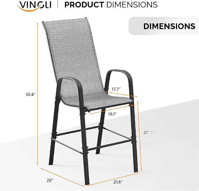 VINGLI Outdoor Bar Chairs Set of 8 – Stackable Outdoor Bar Stools with Sturdy Sling High Back and Armrests for Lawn, Courtyard, Garden, Bar, Silver Gray