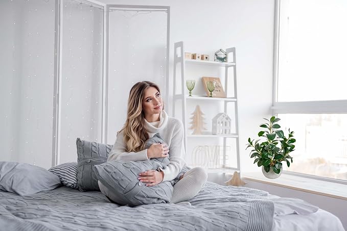 AlphaAcc 17.8 Inch Artificial Ficus Plant Potted Faux Greenery in Gray Round Vertical Striped Cement Planter with Pebbles Realistic Fake Plant for Indoor Modern Home Kitchen Living Room Office Decor