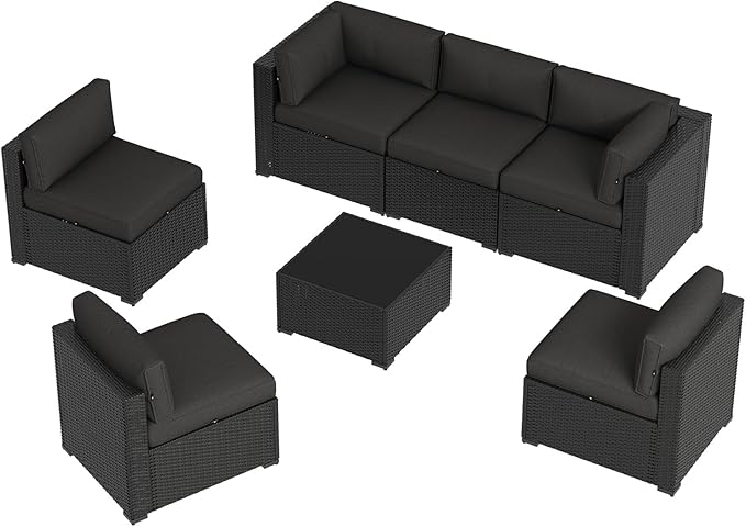 Aoxun 7 Piece Patio Furniture Set, Wicker Rattan Patio Sectional Sofa, Outdoor Furniture Set with Thickened Cushion, Black