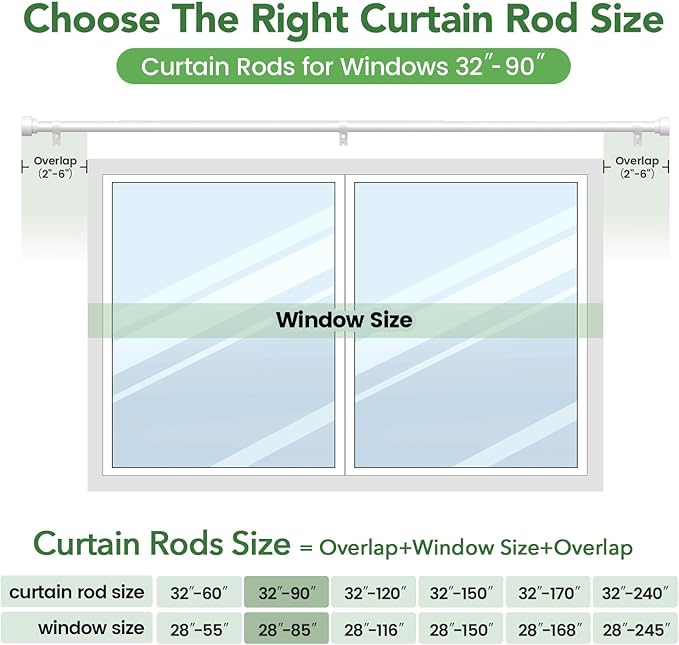 Curtain Rods for Windows 48 to 84, 1 Inch Adjustable White Heavy Duty Long Curtain Rod, Modern Style Indoor Outdoor Window Drapery Rods with End Caps, Size 32" - 90"
