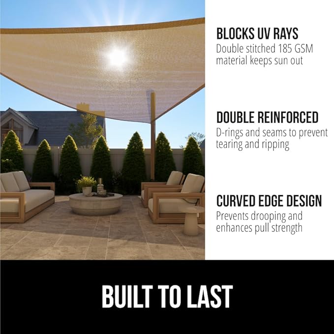 GORILLA GRIP Heavy Duty Sun Shade, UV Protection Fade Tear and Rust Resistant Rectangle Sunshade Canopy, Curved Edges Blocks Sunlight, Breathable Sail, Outdoor Patio, Lawn Garden, 16x16x16, Sand