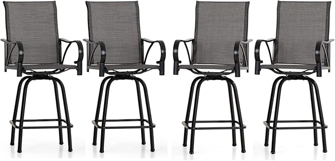 PHI VILLA Outdoor Swivel Bar Stools Set of 4, High Top Patio Bar Stools & Chairs with Armrest & Textilene Fabric for Outside, Grey