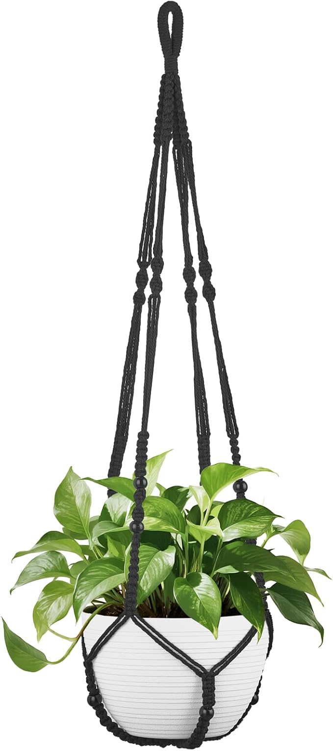 Mkono 43 Inch Macrame Plant Hanger Large for up to 12 Inch Pot Extra Long Hanging Plant Holder No Tassels Hanging Planter Basket with Wood Beads for Indoor Outdoor Boho Home Decor, Black
