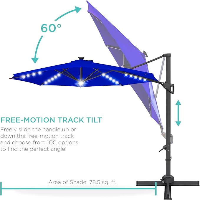 Best Choice Products 10ft Solar LED Cantilever Patio Umbrella, 360-Degree Rotation Hanging Offset Market Outdoor Sun Shade for Backyard, Deck, Poolside w/Lights, Easy Tilt, Cross Base