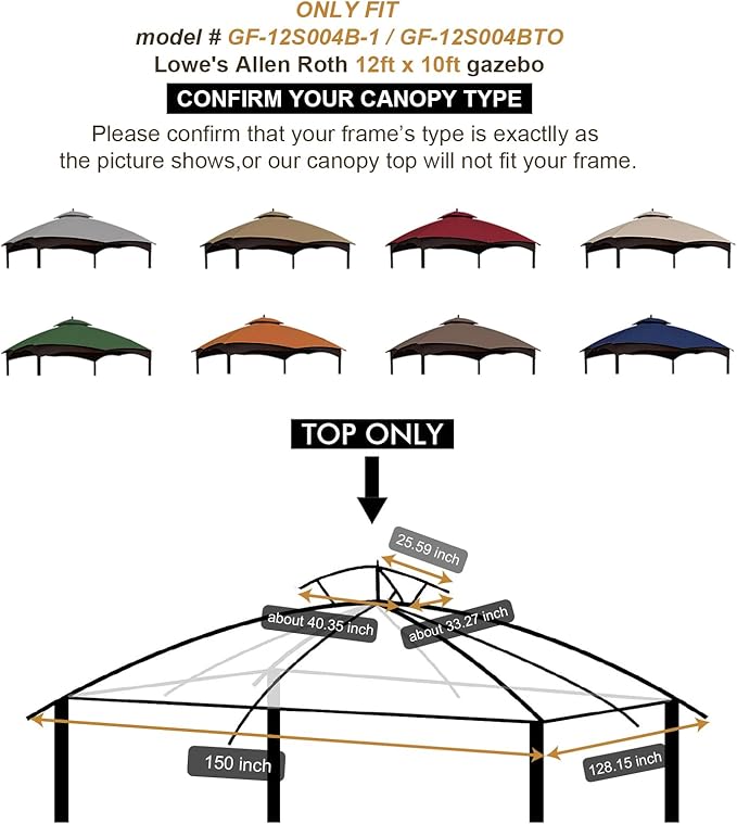 Eurmax USA High Performance Replacement Canopy Top for Lowe's Allen Roth Heavy Duty Gazebo Roof Gazebo Top with Air Vent 10X12 Cover #GF-12S004B-1, Replacement Top Only (Khaki)