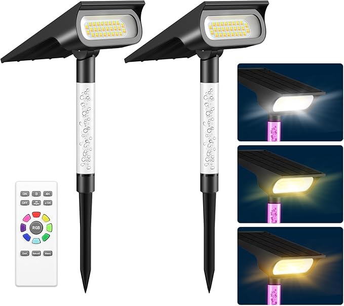 intelamp Solar Spot Lights Outdoor Waterproof, 4000mAh RGB LED Landscape Lights Warm White 3 Lighting Colors, IP65 Waterproof for Yard Driveway Tree Flag Garden Patio Outside Decor with Remote