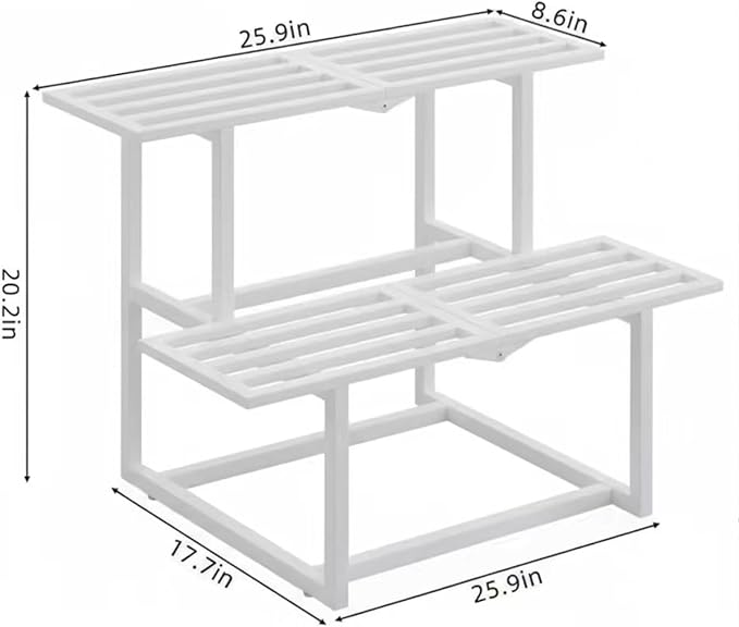 Metal Plant Stand Indoor, Outdoor Iron Plant Shelf, Heavy Duty Slatted Display Shelf for Patio Balcony Garden Living Room Load Bearing 330 LB 26" L x 20.2" H x 17.7" W 2 Tier White