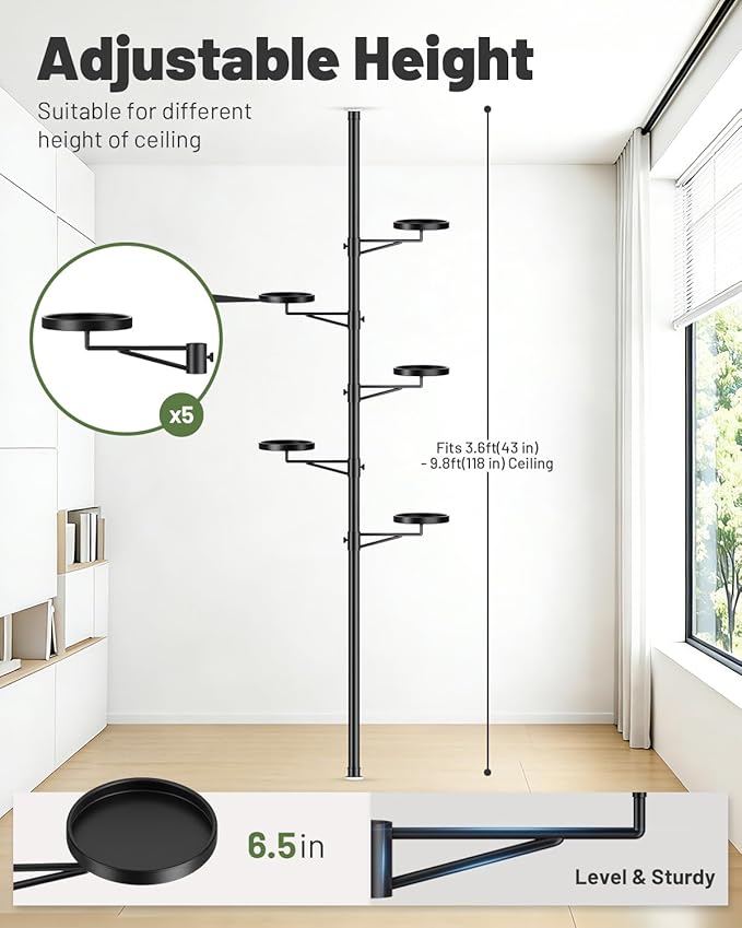 Tension Rod Plant Stand, 5 Tier Tension Pole Plant Stand with 5 Metal Trays, Plant Poles for Hanging Plants Indoor, Floor to Ceiling Plant Pole Hanging Plant Stand