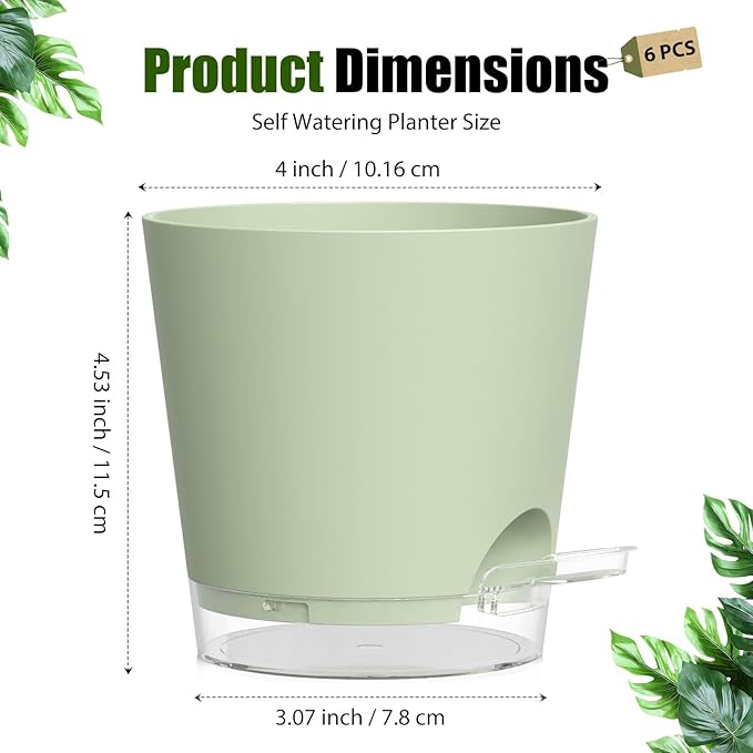 Plant Pots 4 Inch Self Watering Pots,6 Pack Plastic Planters with Drainage Holes and Clear Saucers,Plastic Flower Pots,Nursery Planting Pot for Indoor Out Door Plants (Green)