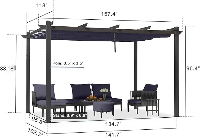 PURPLE LEAF 10' x 13' Aluminum Outdoor Pergola Wind-Resistant Retractable Pergola with Double Sun Shade Canopy Heavy-Duty Metal Pergola for Patios Backyard Deck Garden, Navy Blue
