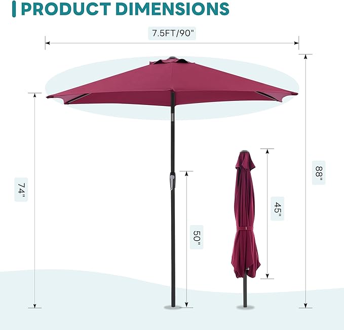 OLIXIS 7.5ft Patio Umbrella with Tilt and Crank Button & 8 Sturdy Ribs Waterproof, Patio Table Umbrella Perfect for Poolside, Terrace, Beach and Outdoor Restaurant, Red