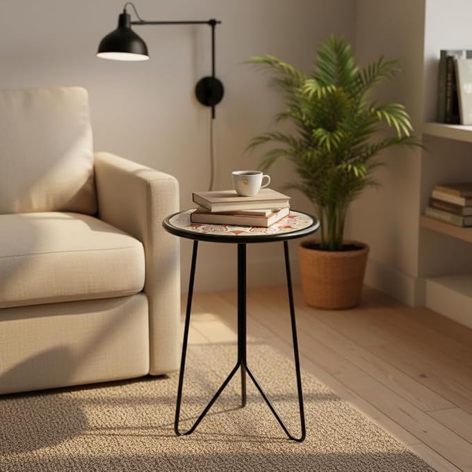 LIFFY Outdoor Metal Side Table,12" Small Outdoor Accent Table with Glass Top,Indoor Round Home Decorative End Table,Weather Resistant Patio Plant Stands Outside for Garden Bedroom Kitchen Balcony