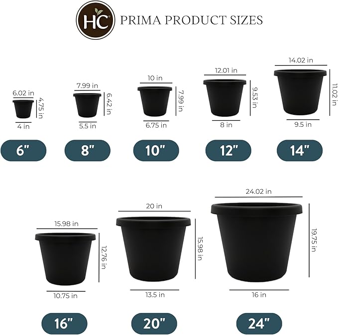The HC Companies 16 Inch Round Prima Planter - Plastic Plant Pot with Rolled Rim for Indoor Outdoor Plants Flowers Herbs, Black