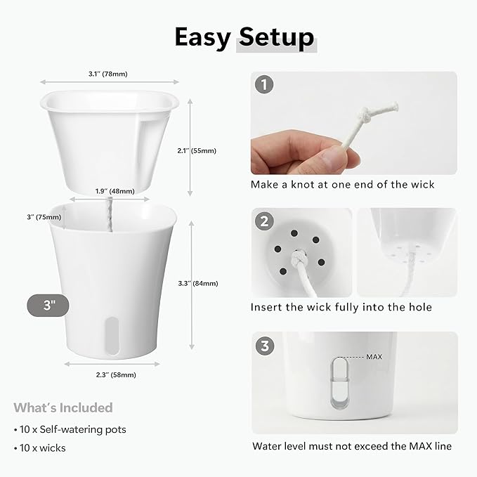 10 Pack 3 Inch Self Watering Pots for Indoor Plants, White Plastic Planters with Water Level Indicator, Drainage Holes & Wick, Small Plant Pots for Cuttings, Seedlings, Herbs, African Violets