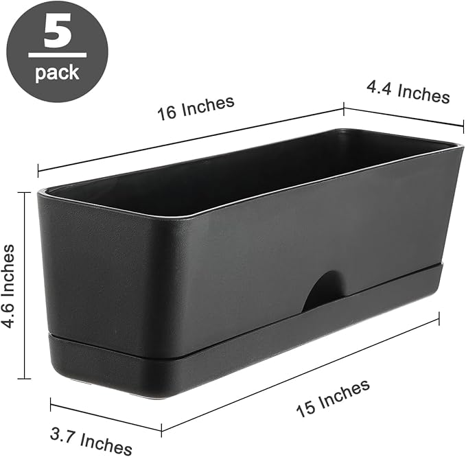 5 Pack Window Boxes Planters 16 Inches Rectangular Planter Herb Planter Boxes Large Plastic Flower Pots Rectangle Black Planter Outdoor and Indoor Succulent Window Sill Planter Self Watering Pots
