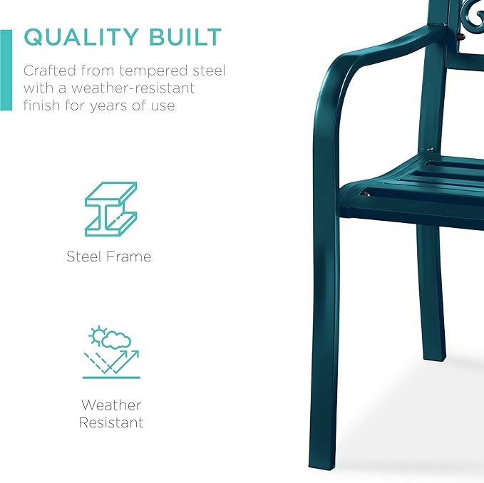 Best Choice Products Outdoor Bench Steel Garden Patio Porch Furniture for Lawn, Park, Deck w/Floral Design Backrest, Slatted Seat - Peacock Blue