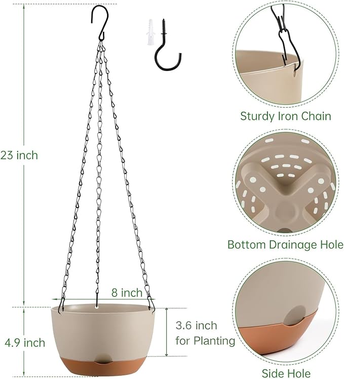 Hanging Planters for Indoor Plants, Set of 2 8/10 Inch Self-Watering Hanging Pots with Drainage Hole & Removable Water-Storage Tray II Screw-in Hooks