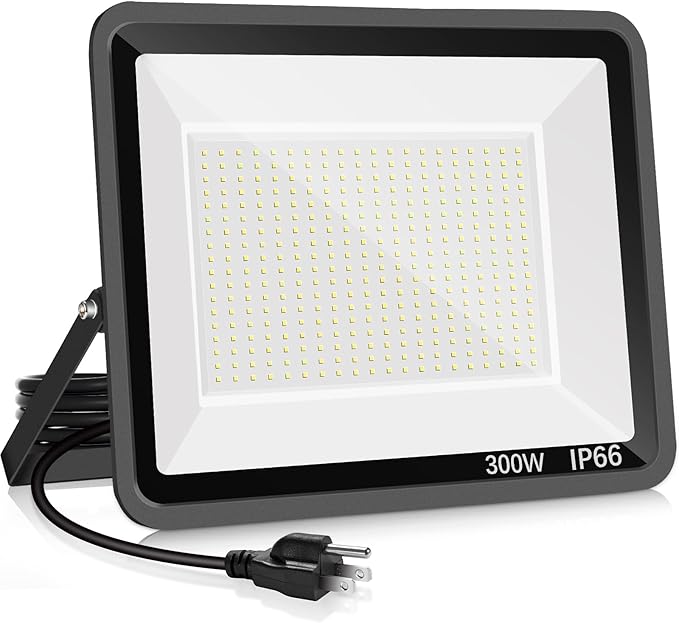 300W LED Flood Light Outdoor,2000W Equivalent 5000K Daylight White Super Bright FloodLight with Plug,43500LM IP66 Waterproof Commercial Lighting for Sports Fields,Counts,Arena,Stadium