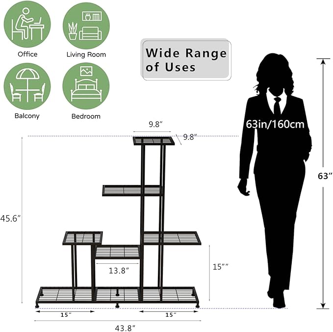 Twhep Heavy Duty Metal Plant Stand, 5 Tiers Multifunctional Plant Stand for Indoor Outdoor, for Tall Large Rack for Living Room Garden Balcony, Black