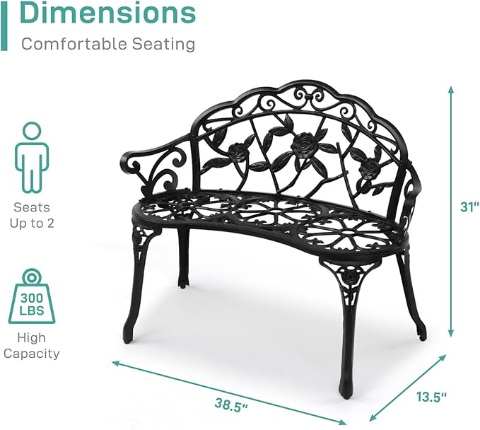 VINGLI 38.5" Patio Park Garden Outdoor Metal Rose Bench, 2-Person Cast Iron Cast Aluminium Frame Antique Finish Chair,Accented Lawn Front Porch Path Yard Decor Deck Furniture (Black, Rose)