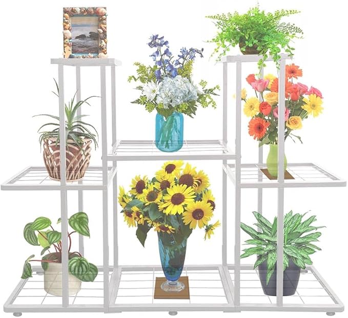 MTB Garden 3 Tier 8 Potted Metal Large Plant Stand for Indoor Outdoor Flower Pot Display Planter Shelf, White