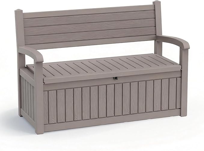 EasyUp 80 Gallon Wood Grain Style Outdoor Storage Bench, Waterproof and Lockable Deck Box Outdoor Storage Furniture for Patio,Garden,and Porch – Perfect for Storing Garden Tools and Cushions(Gray)