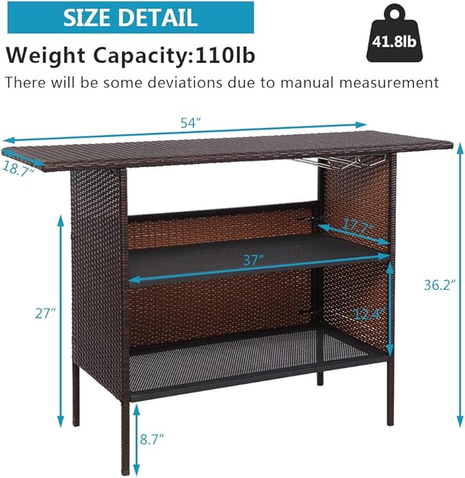 VINGLI Wicker Outdoor Bar Table with 2 Steel Shelves, Sets of Rails, Rattan Patio Storage for Backyard, Poolside, Garden
