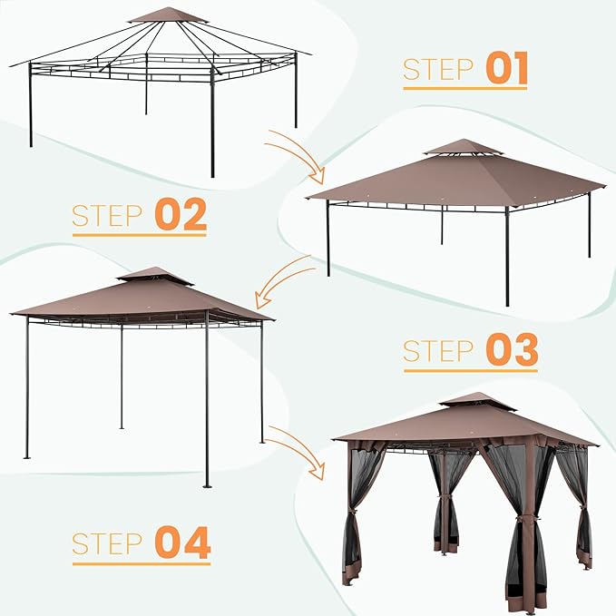 COBIZI Gazebo 10x10 Heavy Duty Gazebos with Improved Nettings Outdoor Gazebo Double Roof Patio Gazebos with Metal Steel Frame Outdoor Canopy for Patio, Deck, Backyard-Brown