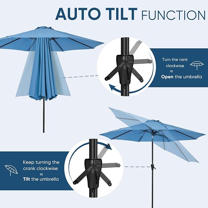 Tempera Patio Market Outdoor Table Umbrella with Auto Tilt and Crank, Large Sun Umbrella with Sturdy Pole & Fade Resistant Canopy, Easy to Set