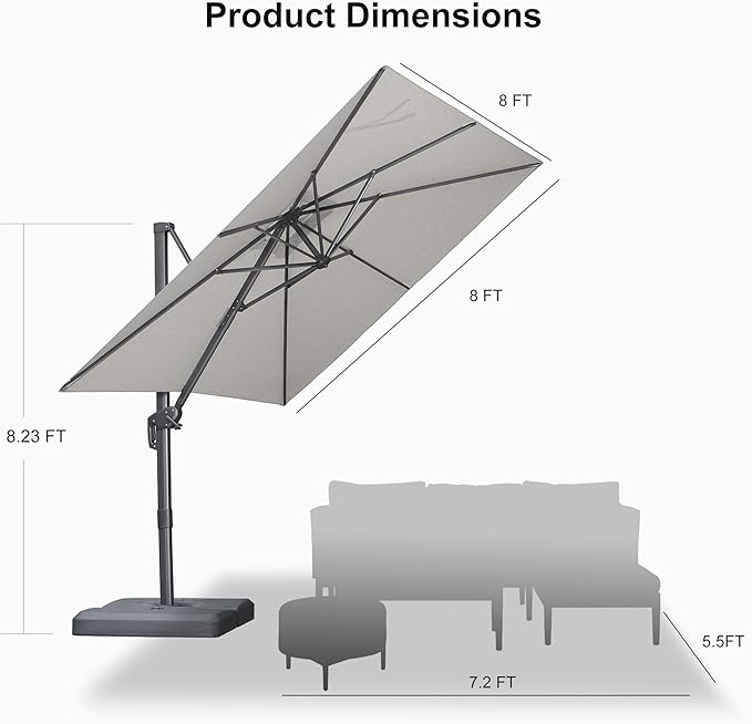 PURPLE LEAF 8 FT Outdoor Umbrella with Base Patio Cantilever Aluminum Umbrella with 3 Years Fade Resistance Recycled Fabric Offset Square with 360-degree Rotation for Deck Garden, Pebble Grey