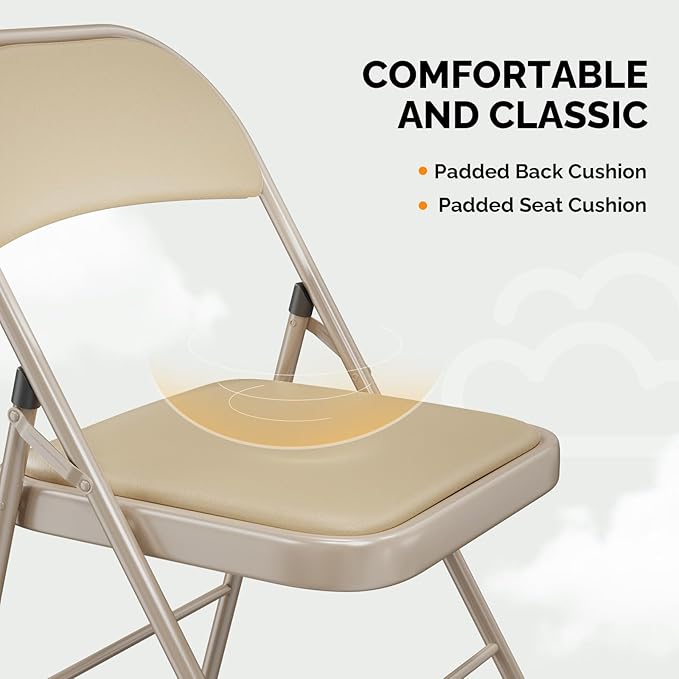 VINGLI 4 Pack Folding Chairs with Padded Seats, Metal Frame with Pu Leather Seat & Back, Capacity 350 lbs, Set of 4, Khaki