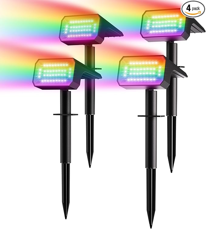 Fabrito Color Changing Solar Spot Lights Outdoor 4 Pack, [6+1 Lighting Modes] Auto On/Off RGB Spotlights, Waterproof Multicolor Landscape Lights for Garden, Tree, Halloween, Christmas