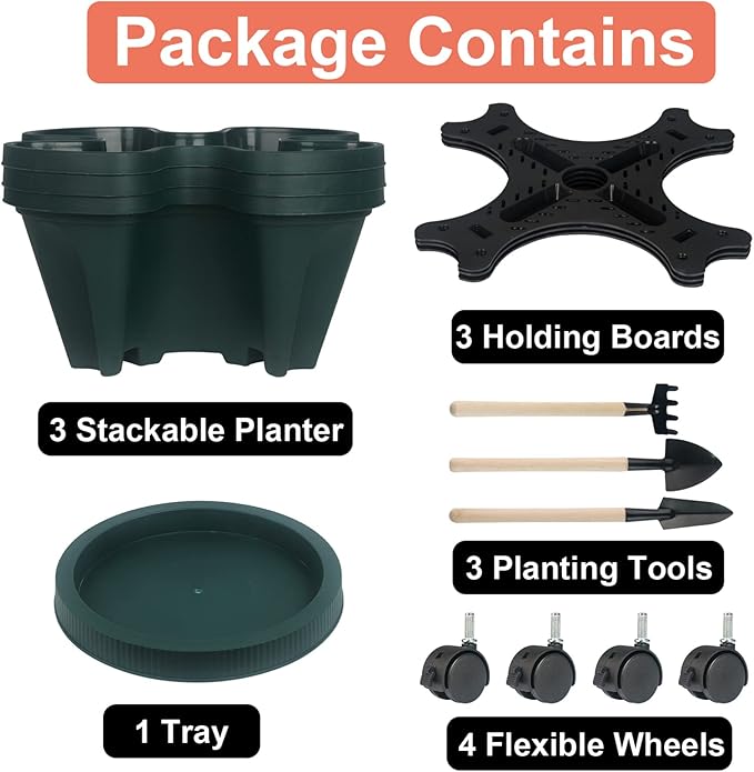 DUNCHATY Stackable Planter, Vertical Garden Planter with Wheels and Tools, Self Watering Strawberry Planter Indoor/Outdoor 3 Tier Herb Planter Pots for Growing Vegetables and Succulents,Pine Green