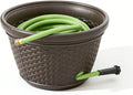Decorative Wicker Garden Hose Holder Pot - 100 Foot Hose Storage with 4 Drain Holes, Java Brown Resin Outdoor Container, 18 x 12 Inch