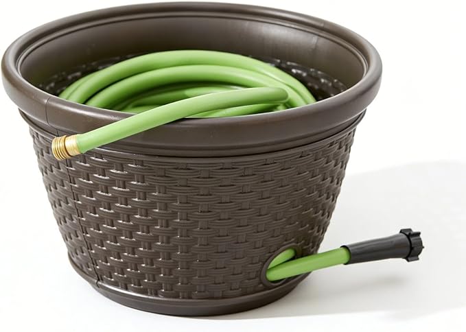 Decorative Wicker Garden Hose Holder Pot - 100 Foot Hose Storage with 4 Drain Holes, Java Brown Resin Outdoor Container, 18 x 12 Inch
