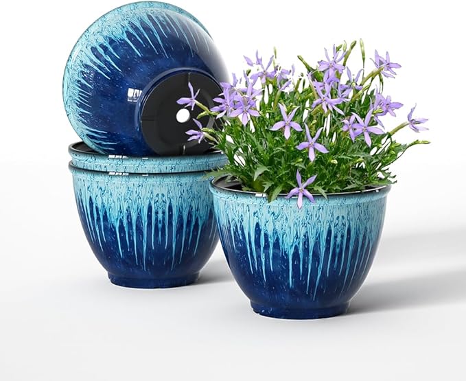 Flower Pots, 8 Inch Plastic Plant Pots for Plants, Set of 4 Planter for Indoor Outdoor Plants with Drainage Hole, Sleek Small Nursery Planting Pot for Home Garden Outdoor Planters(Blue Glaze)
