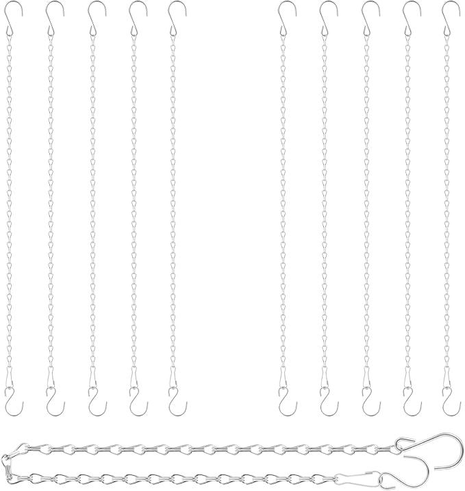 RIFNY Silver Chain for Hanging Plants, 24 Inch Small Plant Chains for Hanging Baskets Kits with Hooks for Bird Feeders Planters Billboards Lanterns Wind Chimes Ornaments Outdoor Indoor Use (10 PCS)
