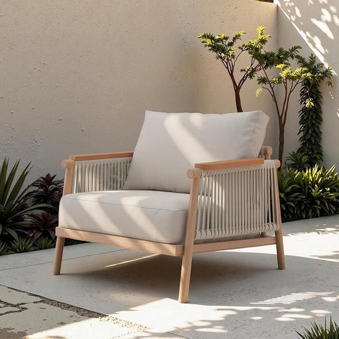 Acanva Modern All-Weather Aluminum Outdoor Patio Sofa with Thick Cushions, Olefin Fabric Sunroom Backyard Furniture, Light Khaki, Armchair