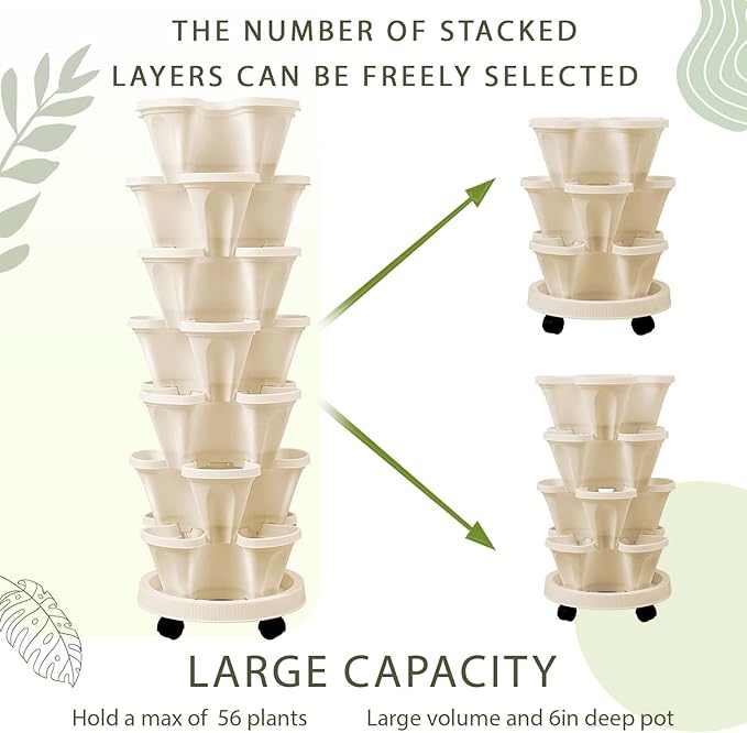 Umigy 2 Set of 7 Tier Vertical Planter Stackable Tower Planters Strawberry Herb Flower and Vegetable Pots Indoor Outdoor Gardening Pots with Removable Wheels and Tools(Beige)