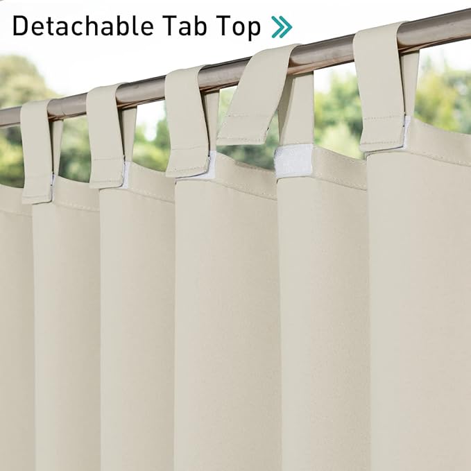 NICETOWN Detachable Sticky Tab Top Outdoor Curtain for Patio Waterproof, Triple Weave Sun Block Wind Prevention Blackout Indoor Outdoor Drapes Keep Sun/Rain Out, Beige, W52 x L108, 1 Piece